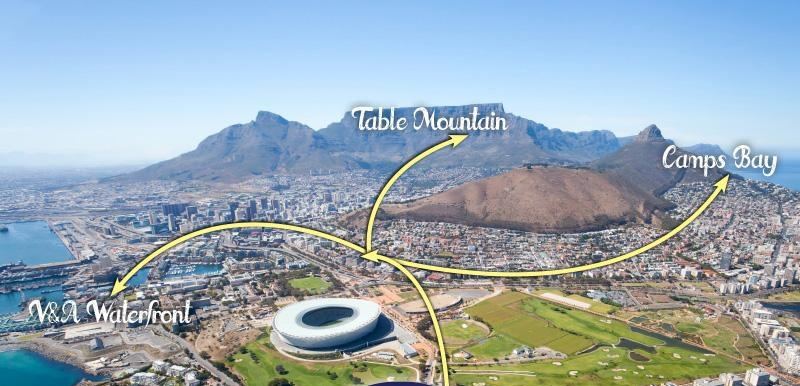 Aerial view of Green Point with Table Mountain, the V&A Waterfront and the road to Camps Bay